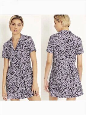 Blackmilk Purple Leopard Print Shirt Dress M Short Sleeve Button Front Pockets